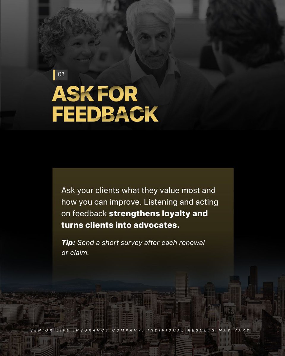SeniorLifeInsCo's tweet photo. (Part 2) Keeping your senior clients loyal starts with consistent communication 💬🤝. This carousel shares 4 strategies to strengthen relationships, uncover new needs, and stay top-of-mind year-round. Check out all slides and start turning satisfied clients into advocates today! https://t.co/XR9SUdo1nw