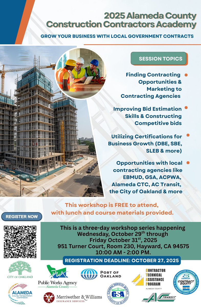 Looking for contracting opportunities with public agencies? Register today to attend a FREE 3-day workshop series Wednesday, October 29 - Friday, October 31 in Hayward. Register by Monday, October 27, 2025