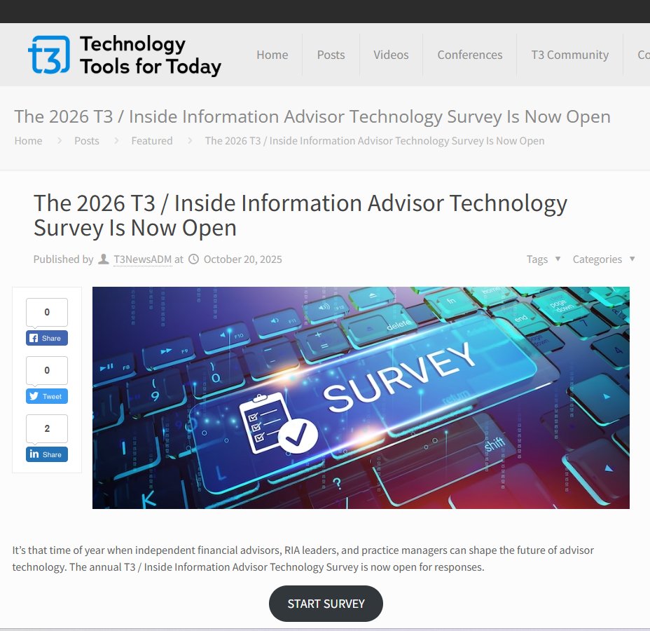 GeoWealthTech's tweet image. The @t3techhub 2026 Advisory Technology Survey is now open! Share your feedback on the wealthtech, financial planning, and practice management software powering your firm. GeoWealth is featured in Questions 50 to 53. Start the survey now: bit.ly/4oAuSpv