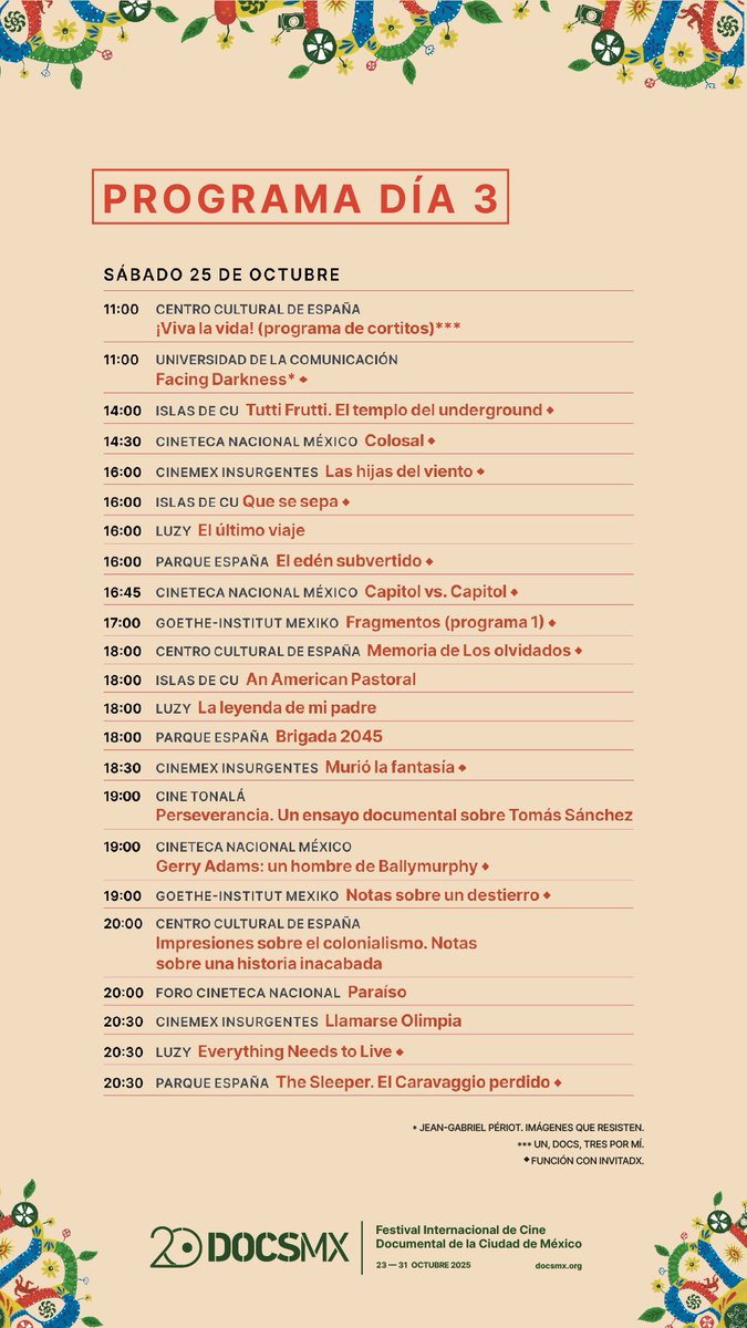 ¿Qué verás este sábado en el #20DocsMX? Te compartimos la agenda del día.

Visita linktr.ee/20docsmx para ver toda la información de las películas.