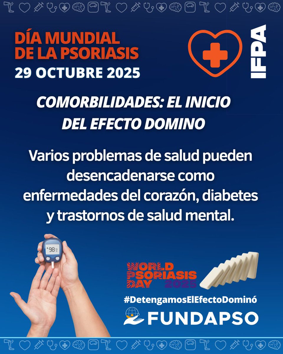 FUNDAPSO's tweet image. ¿Sabías que la psoriasis puede estar relacionada con diabetes, hipertensión y depresión? Cuando una enfermedad se agrava, puede iniciar un efecto dominó en tu salud.
Únete a la campaña #StopTheDominoEffect #DetengamosElEfectoDominó #PsoriasisExperienceMatters #fundapso #ifpa