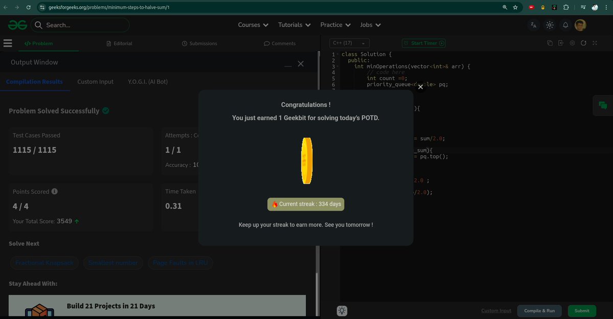 whyamihim's tweet image. Day - 334
Problem : Minimum operations to halve sum
#gfg #geekstreak2025 #1000daysofcode