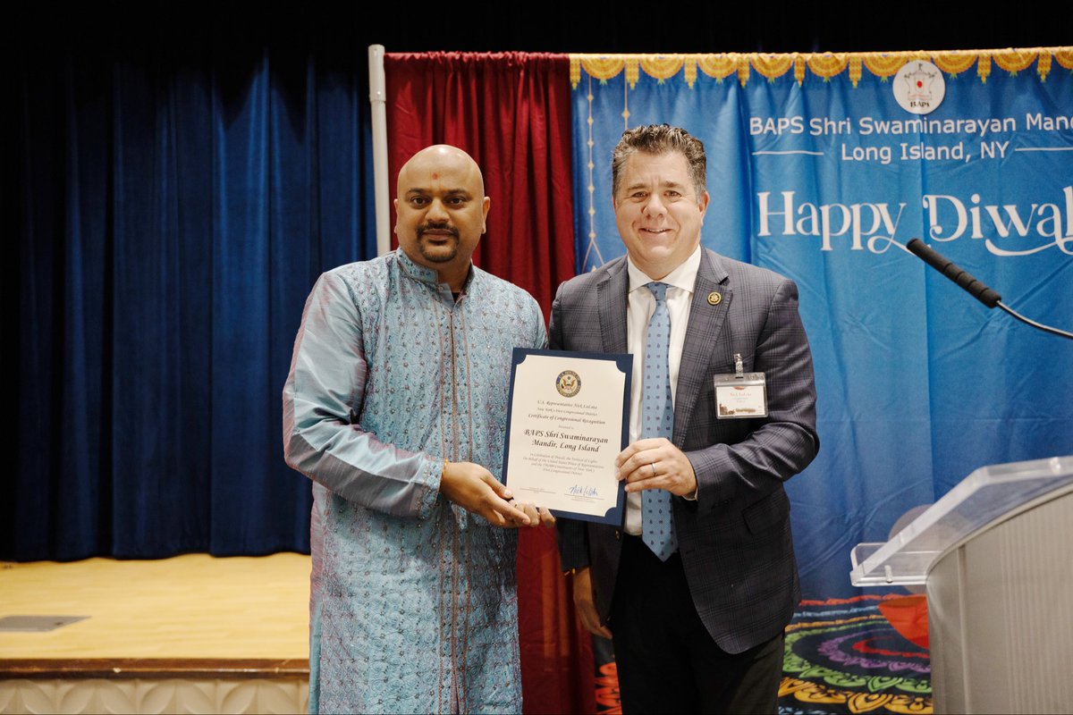 BAPS_PubAffairs's tweet photo. We appreciate @RepLaLota for taking the time to celebrate Diwali with us at the @BAPS Mandir in Long Island! We are grateful for your enduring friendship and commitment to fostering harmony and unity. https://t.co/1sh5NcdIG1