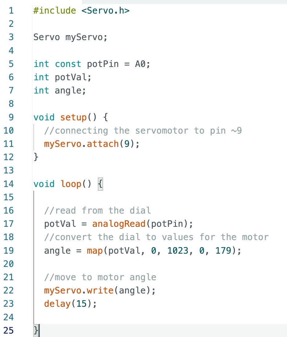 iuliaferoli's tweet image. Very first step towards robot arm: @arduino setup using a potentiometer as an input dial to control the angle of a servomotor. 
Maybe this will end up as our wrist 🦾🤖