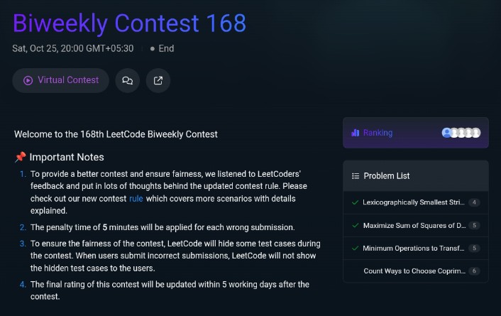 anshu_2211_'s tweet image. Solved the first 3 problems in under 45 min in today’s biweekly, yet ranked around 4K 😅
4th one nearly had 3K submissions 💀Might be some AI magic at work 👀
No worries, will upsolve it once @TLE_Eliminators drops the PCD
#LeetCode #BiweeklyContest #CompetitiveProgramming