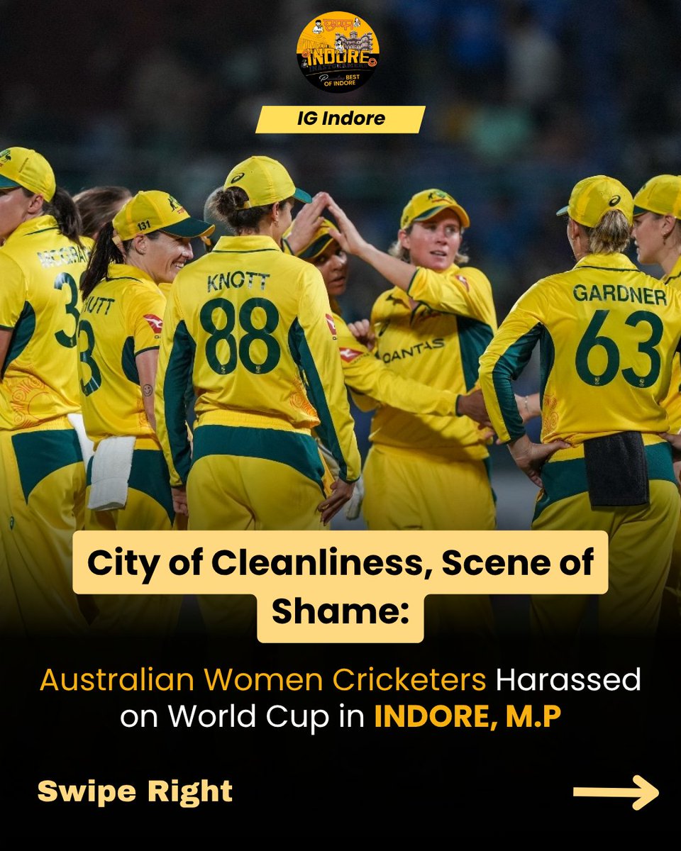 IgIndore's tweet photo. Indore’s clean streets mean nothing if they aren’t safe — two Australian women cricketers were allegedly harassed during the ICC Women’s World Cup 2025. 
#SafeIndore #WomenSafety #ICCWorldCup2025 #RespectWomen https://t.co/UGkpCXVNAe