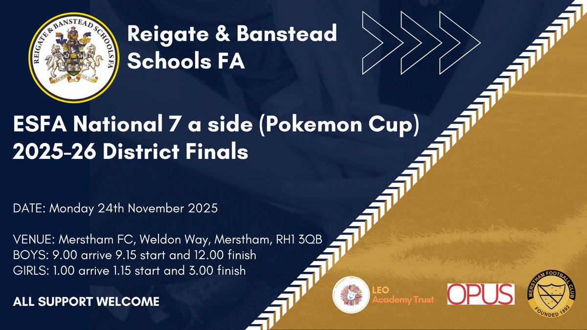 ENTER NOW into this year’s preliminary round of the <a href="/SchoolsFootball/">English Schools' Football Association</a> Pokémon 7 a side competition - Girls and boys 

Open to all Reigate &amp; Banstead Primary Schools 

Deadline is Friday 17th November 

👇🏻👇🏻👇🏻

docs.google.com/forms/d/e/1FAI…

<a href="/MersthamFC1892/">Merstham FC (Official)</a>