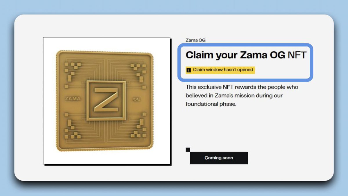 Zama OG NFT Alert!
<a href="/zama/"></a>
Season 3 claim page is live! 
Only 6 days left    
Total Supply: 3,500 NFTs
Season 3: 1,000 NFTs
Join: Complete guild tasks at era.guild.xyz/zama/creator-p…  
Don’t miss your chance to earn a Zama OG NFT! Like &amp; repost 
#Zama #NFT #FHE