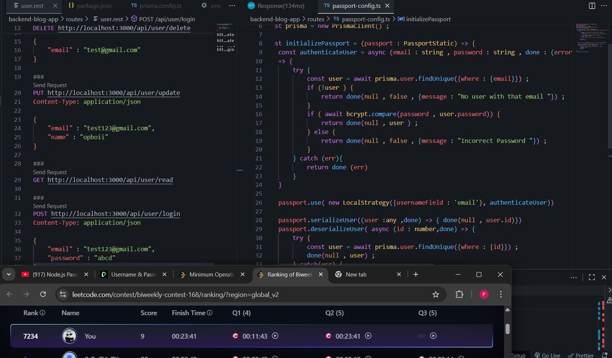 Pratikwebtech's tweet image. ✅ Day 117 of #100DaysOfCode
=>Learned about different authentication tools and implemented Passport.js today 😁
=>Gave today’s contest — first two were easy but couldn’t finish the third one🥲
#learninpublic #buildinPublic