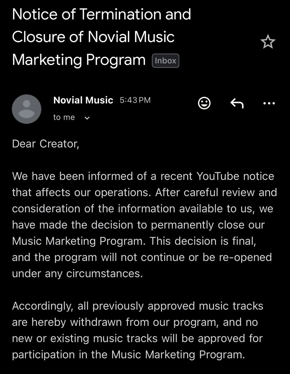 Aviso: creadores de Shorts llorando en vuestro feed durante las próximas 48-72 hrs. 

❌ Novial Music cierra operaciones.
🧠 Gurús vendiendo “enchufes” en empresas que (sorpresa) también cerrarán pronto.

Ánimo a los que lo estén leyendo y os veáis afectados.