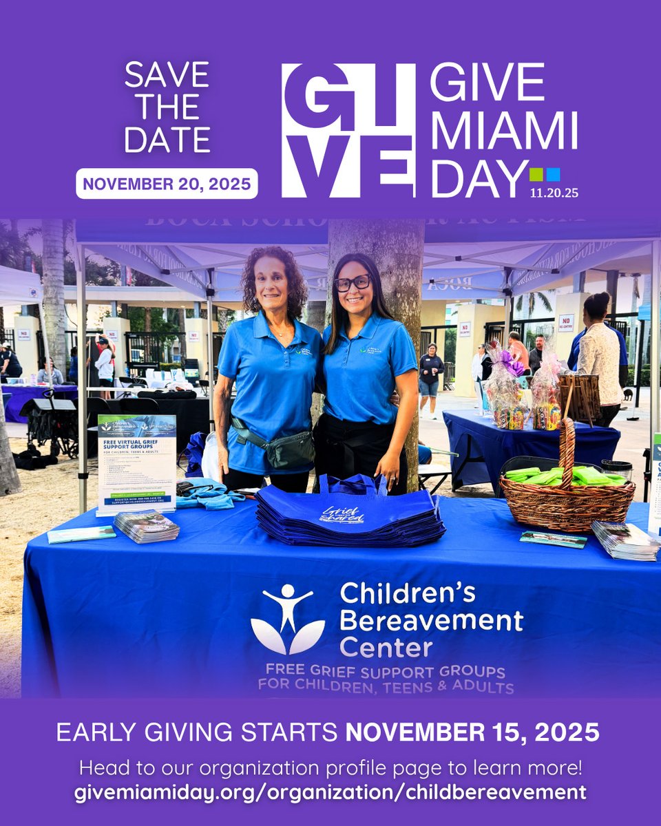 📆 #GiveMiamiDay is Nov. 20, 2025! 
About 1 in 12 kids will lose a parent or sibling before the age of 18. Help CBC bring hope and free grief support to children and families across South East Florida.
🚨 Early Giving starts Nov 15!
Learn More ➡️ givemiamiday.org/organization/c…
#miamicbc