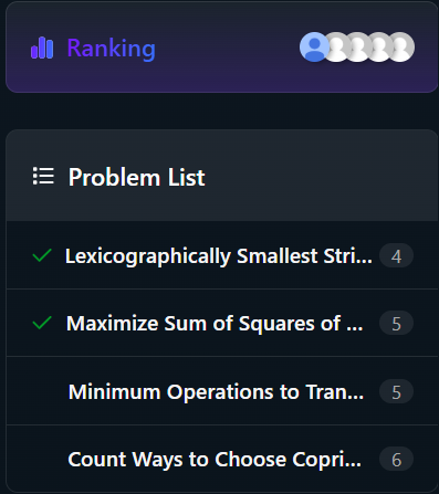 amansharma264's tweet image. 🏁 LeetCode Biweekly Contest 168 🧠
Ranked 7377 in today’s contest!
Solved 2 problems:
✅ Lexicographically Smallest String
✅ Maximize Sum of Squares of Special Elements
Fun and challenging! Excited to improve in future contests! 🚀
#LeetCode #BiweeklyContest #CodingJourney…