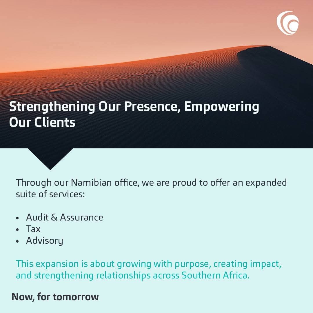 Dudu_Nyirongo's tweet photo. Good news!
We are now in Namibia providing Audit, Tax and Advisory Services 
#Bakertilly ##NowForTomorrow https://t.co/yD1mu2lNfo