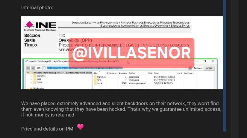 ivillasenor's tweet image. ⚠️ DEMASIADO GRAVE | Acaba de ocurrir el peor hackeo en la historia del INE

El grupo Sc0rp10n, el mismo que vendió la base de 20 millones de pensionados del @Tu_IMSS y hackeó la @FiscaliaNL, acaba de poner a la venta acceso TOTAL a los servidores internos del @INEMexico