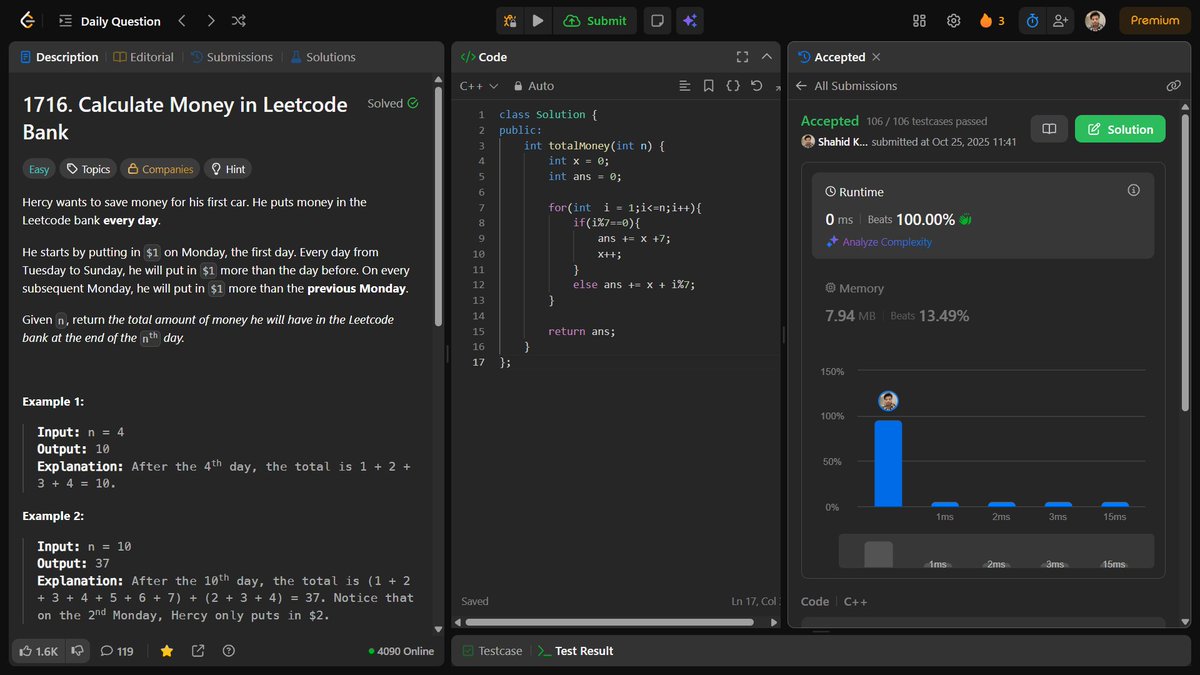 shahidx_05's tweet image. Day 224 – #365DaysOfCode
✅ Calculate Money in Leetcode Bank
✅ GFG POTD – Minimum Steps to Have Sum
✅ Codeforces 2148A 
🏆 Leetcode bitweekly contest 
#DSA #LeetCode #GfG #Codeforces #CompetitiveProgramming  #ProblemSolving #CodingJourney #BuildInPublic #LearnInPublic