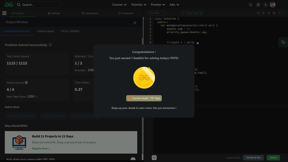 shahidx_05's tweet image. Day 224 – #365DaysOfCode
✅ Calculate Money in Leetcode Bank
✅ GFG POTD – Minimum Steps to Have Sum
✅ Codeforces 2148A 
🏆 Leetcode bitweekly contest 
#DSA #LeetCode #GfG #Codeforces #CompetitiveProgramming  #ProblemSolving #CodingJourney #BuildInPublic #LearnInPublic