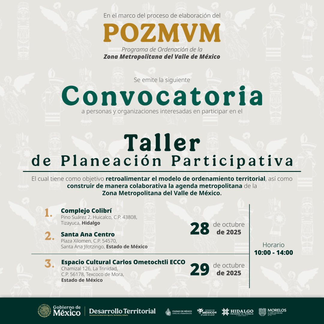 Trabajamos en la elaboración del Programa de Ordenación de la Zona Metropolitana del Valle de México #POZMVM

Llevamos los talleres presenciales a Hidalgo y Edomex. En nuestras historias de Facebook encontrarás el link de registro o puedes solicitarlo por mensaje directo.