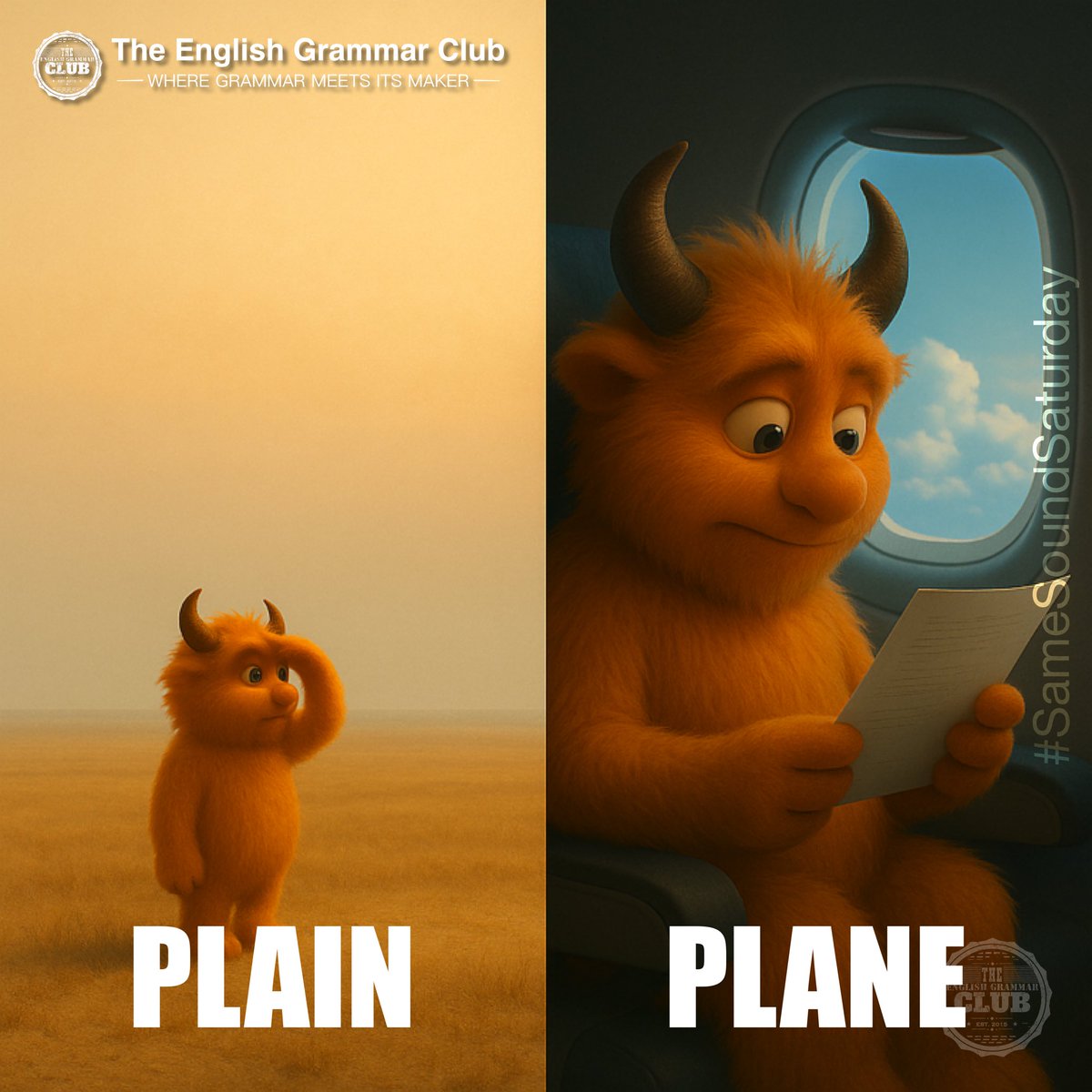 grammar_club's tweet image. They sound identical but mean completely different things:
👉 plain = flat land
👉 plane = aircraft
Homophones can really take your meaning for a ride! ✈️
#SameSoundSaturday #languageIsVisual #TheEnglishGrammarClub