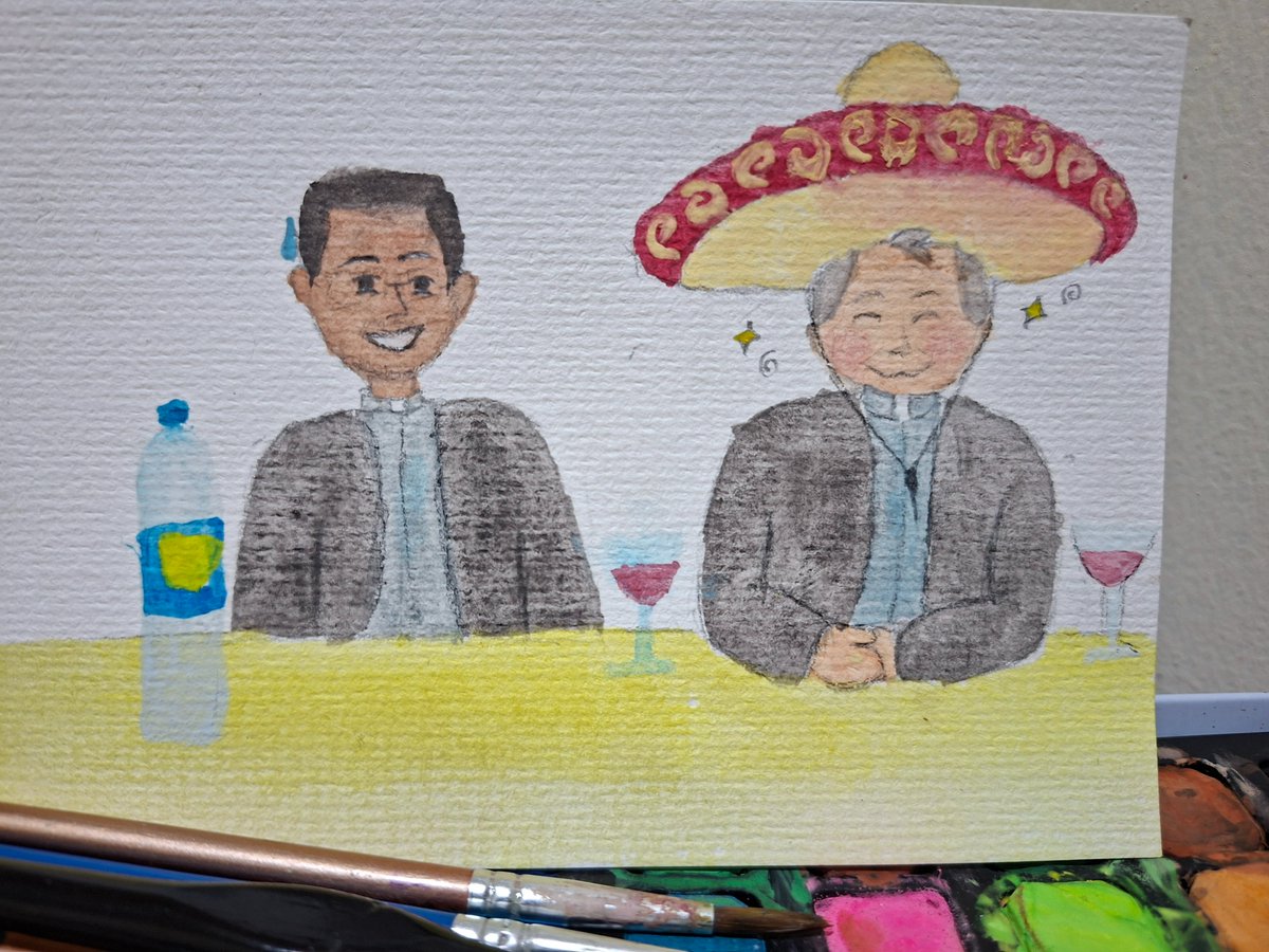 syera_washi's tweet photo. Listening & yapping to #Bobcast while painting Padre Roberto wearing a sombrero 🤠 & Fr Edgard ofcourse 🥹🤣
🎨Watercolor & pencil on paper https://t.co/sMScrSlZfB