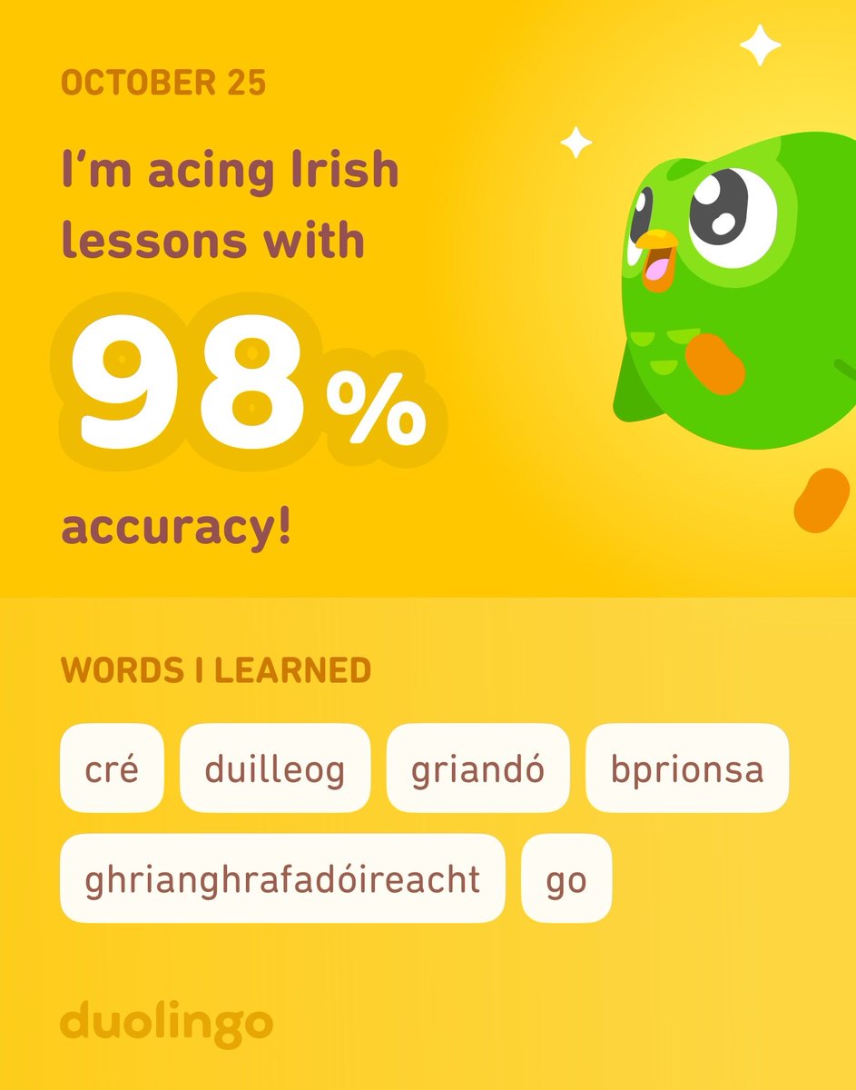 I’m learning Irish on Duolingo! It’s free, fun, and effective.
