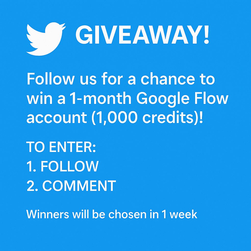 DreamDirectorAI's tweet image. Special Giveaway for AI Enthusiasts!

We’re giving away a 1-Month Google Flow Account (1,000 credits) to 3 lucky winners 💫

To enter:
✅ Follow us
🔁 Retweet
💬 Comment “Flow”

Duration: 1 week
Winners will be announced on Day 7!

#FlowGiveaway #AItools #GoogleFlow…