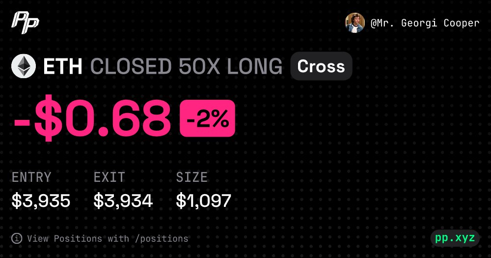 GeorgiCoper's tweet image. Gm Traders, Just took a trade on @pp_trading 🔥

$ETH moved against me faster than expected. Closed out this 50X Long for a small -2% loss to manage risk. That&apos;s trading! 🙅‍♂️ Capital preservation is key.

Thanks #dYdXPocketProBot for the easy PnL card share. 😇
