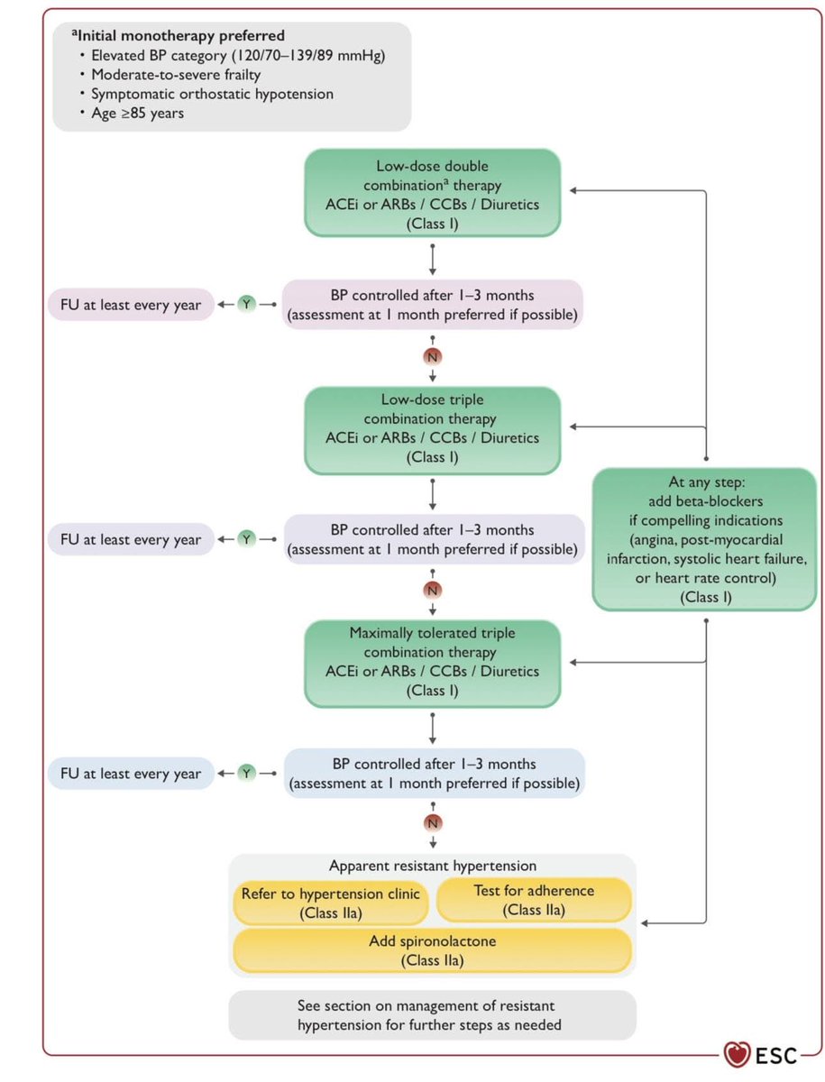 Hatırlatmak için Avrupa Kardiyoloji Derneği kılavuzlarının önerdiği hipertansiyon tedavi algoritması şu👇🏼