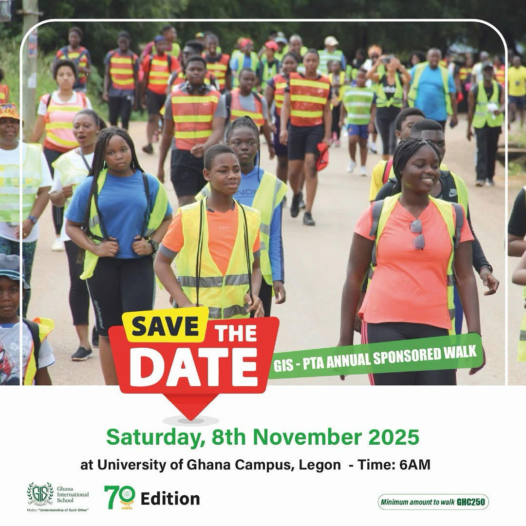 Get ready for the GIS 70th Anniversary Sponsored Walk! 🎉
Join us on Saturday, 8th November 2025, at the University of Ghana, Legon Campus.Walk starts 6:00 a.m. sharp! Celebrate 70 years of excellence, unity, and community. Let’s walk together! #GISat70 #SponsoredWalk #ProudlyGIS