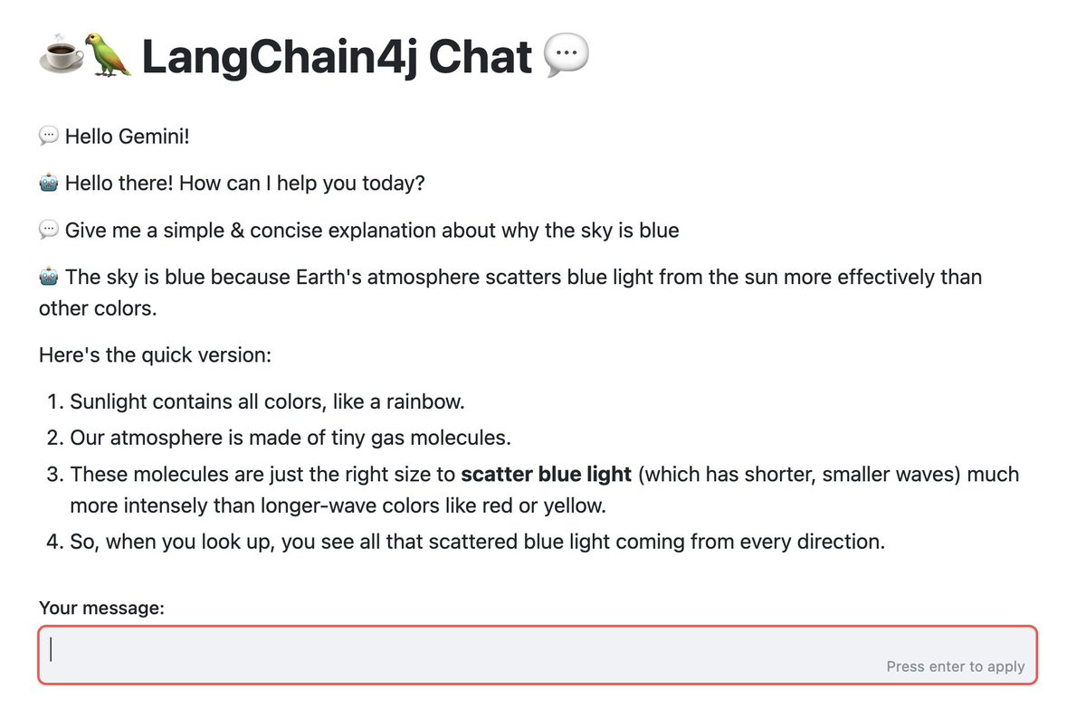 glaforge's tweet image. 📢 Today, I'm building a 💬 chat interface with #Javelit, @langchain4j, and the #Gemini chat model. 
Easy! 👍
No 🐍 #python were harmed in this app, but some ☕️ #java was involved!
glaforge.dev/posts/2025/10/…