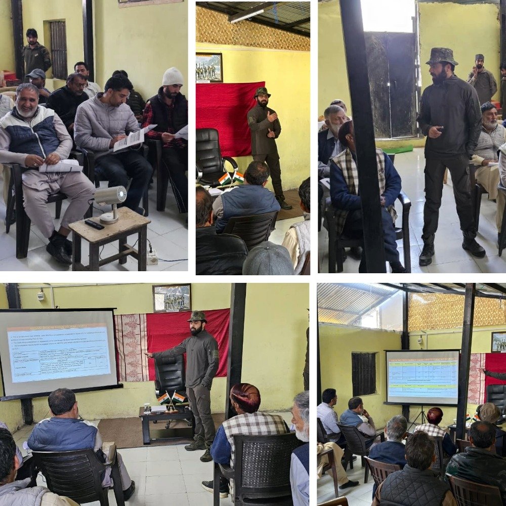 Vaasta_A_Ulfat's tweet photo. Indian Army held an awareness drive at Rishinagri, engaging village Sarpanches &amp; Gujjar-Bakarwal community leaders.

Shared info on govt welfare schemes, upcoming TA recruitment, skill development programs &amp; Army Goodwill Schools.Strengthening trust &amp; promoting harmony.

#Kashmir https://t.co/xBkSqOdrhk