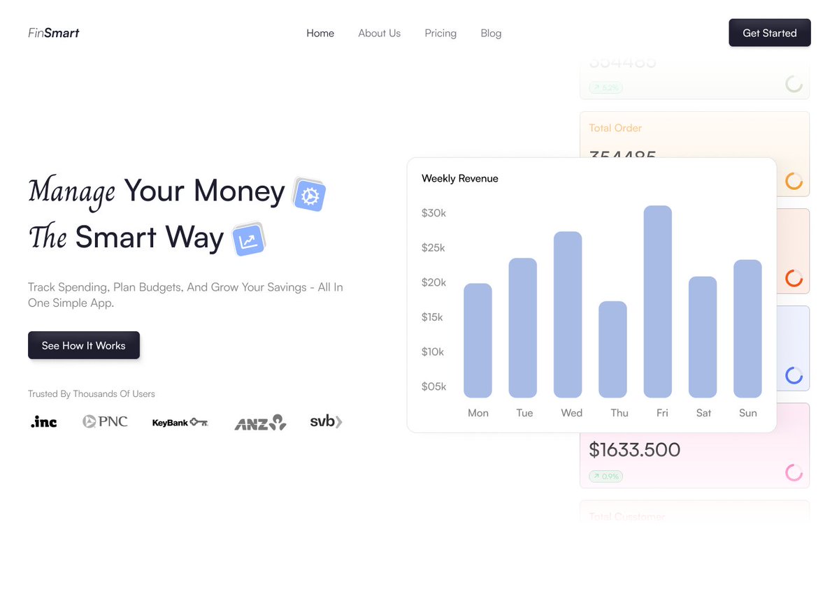 smitDesai149669's tweet image. Finally back to work. Just design this landing page for FinSmart.