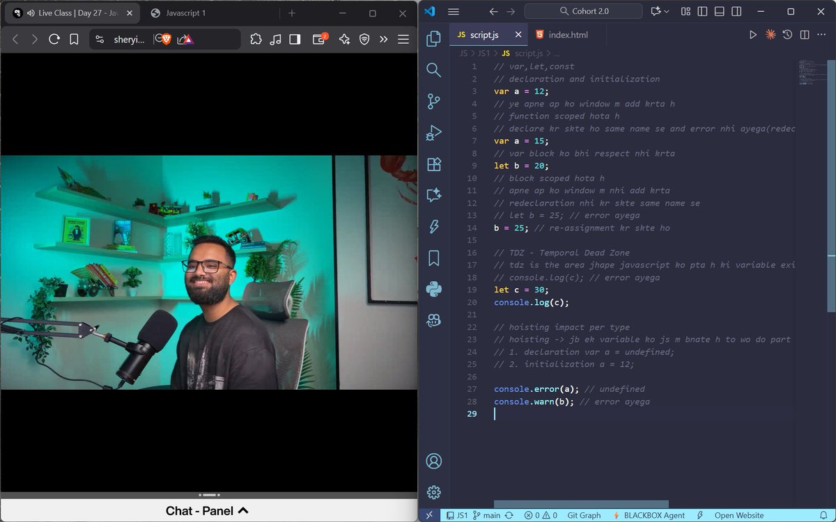 chinu_codes's tweet image. 🚀 Day 31 at @sheryians_ @harshbhaiyaa 
• Explored var, let, const 🔤
• Played with console.log, error, warn, info, table 🧠
• Tried prompt() & alert() 
• Dived into strings, template strings & string methods✂️
#100DaysOfCode #Sheryians #WebDev #JavaScript #CodingJourney