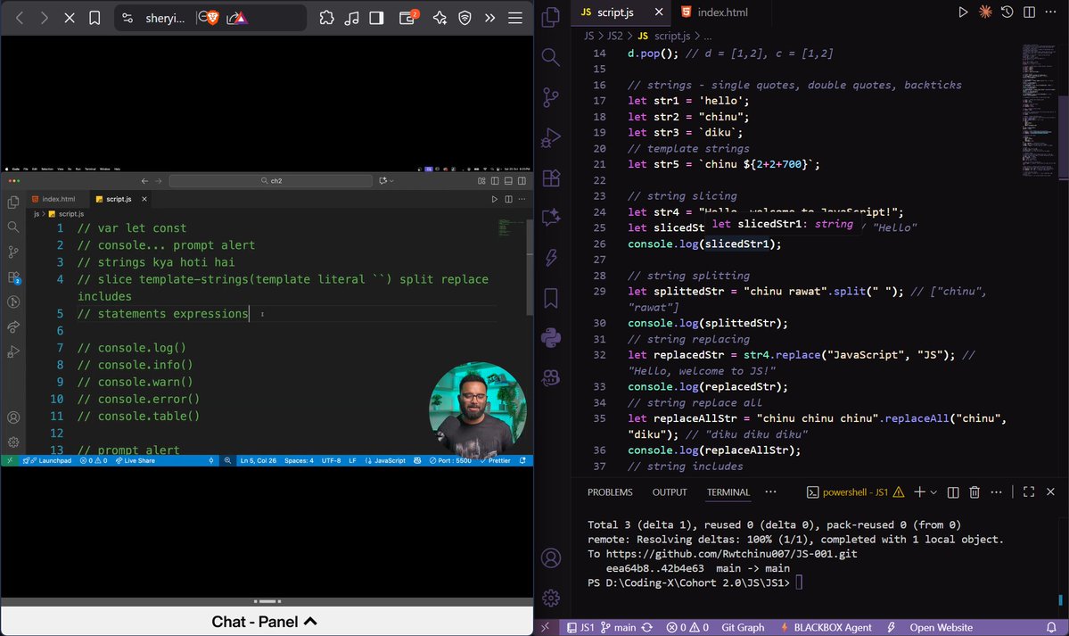 chinu_codes's tweet image. 🚀 Day 31 at @sheryians_ @harshbhaiyaa 
• Explored var, let, const 🔤
• Played with console.log, error, warn, info, table 🧠
• Tried prompt() & alert() 
• Dived into strings, template strings & string methods✂️
#100DaysOfCode #Sheryians #WebDev #JavaScript #CodingJourney