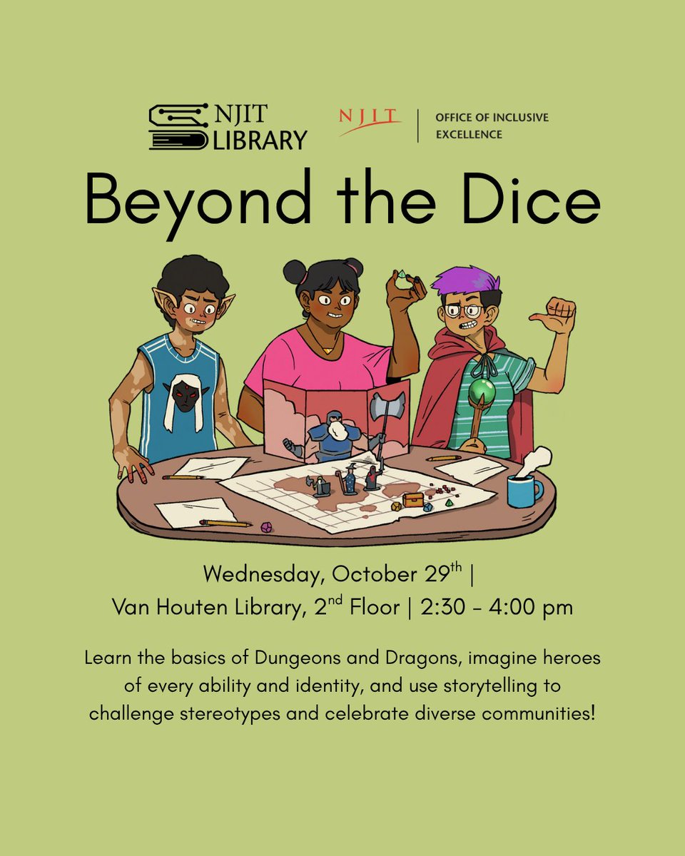 NJITLibrary's tweet image. Always wanted to try Dungeons and Dragons, but not sure how to start? Join us and @njitinclusive on Wednesday, October 29th in the Van Houten Library from 2:30 pm - 4:00 pm to learn D&amp;amp;D basics and how you can tell more inclusive stories!

#dnd #njitlibrary #njitlinclusive