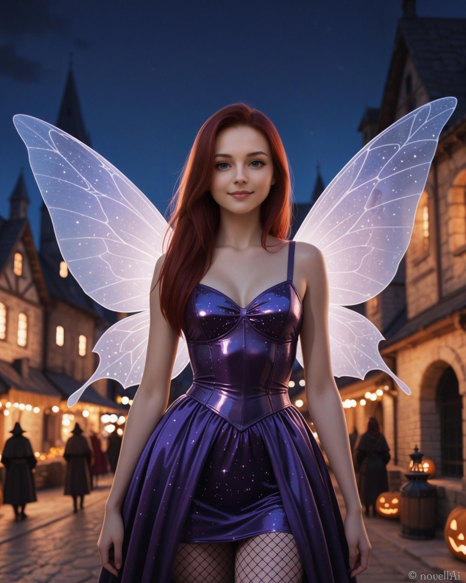 It's nearly Halloween, and so you and Serys are going to a tavern for some pumpkin spiced ale!

You head to her house and knock on the door. Before long, she emerges wearing a shining purple fairy costume.

"Judging by the look on your face, I'd say you like my costume."