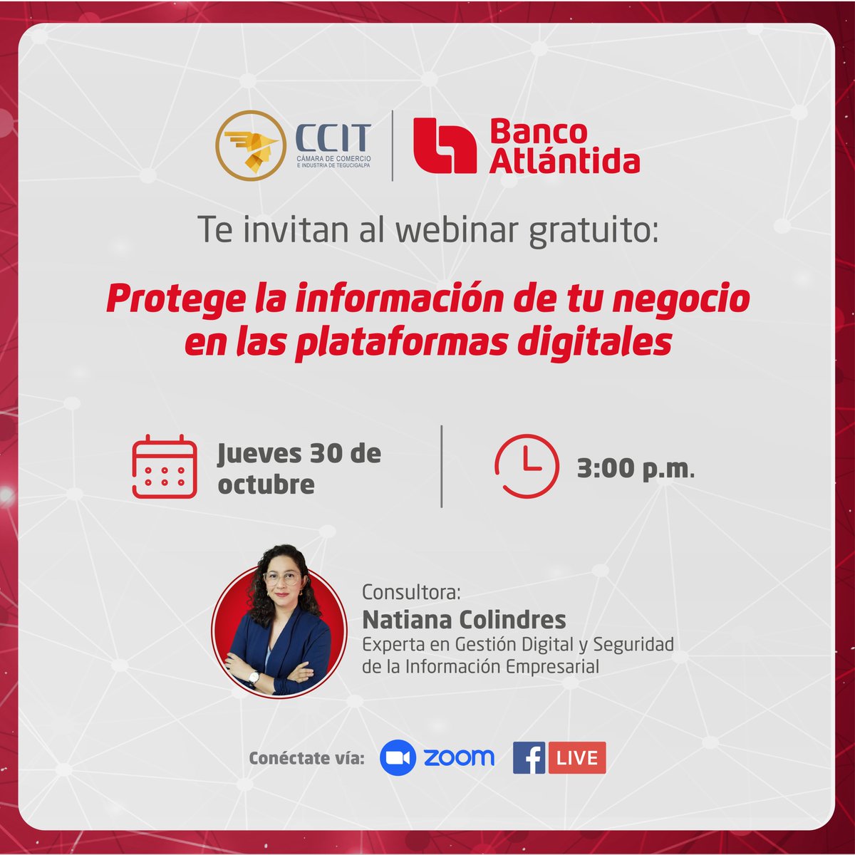 🚨 ¡Protege tu negocio de los ciberataques!
Participa en el webinar gratuito Protege la información de tu negocio en las plataformas digitales y aprende a anticiparte a riesgos cibernéticos.

🗓️ Jueves 30 octubre
⏰ 3:00 p.m.
📲 Inscríbete: atla.hn/plataformasdig…