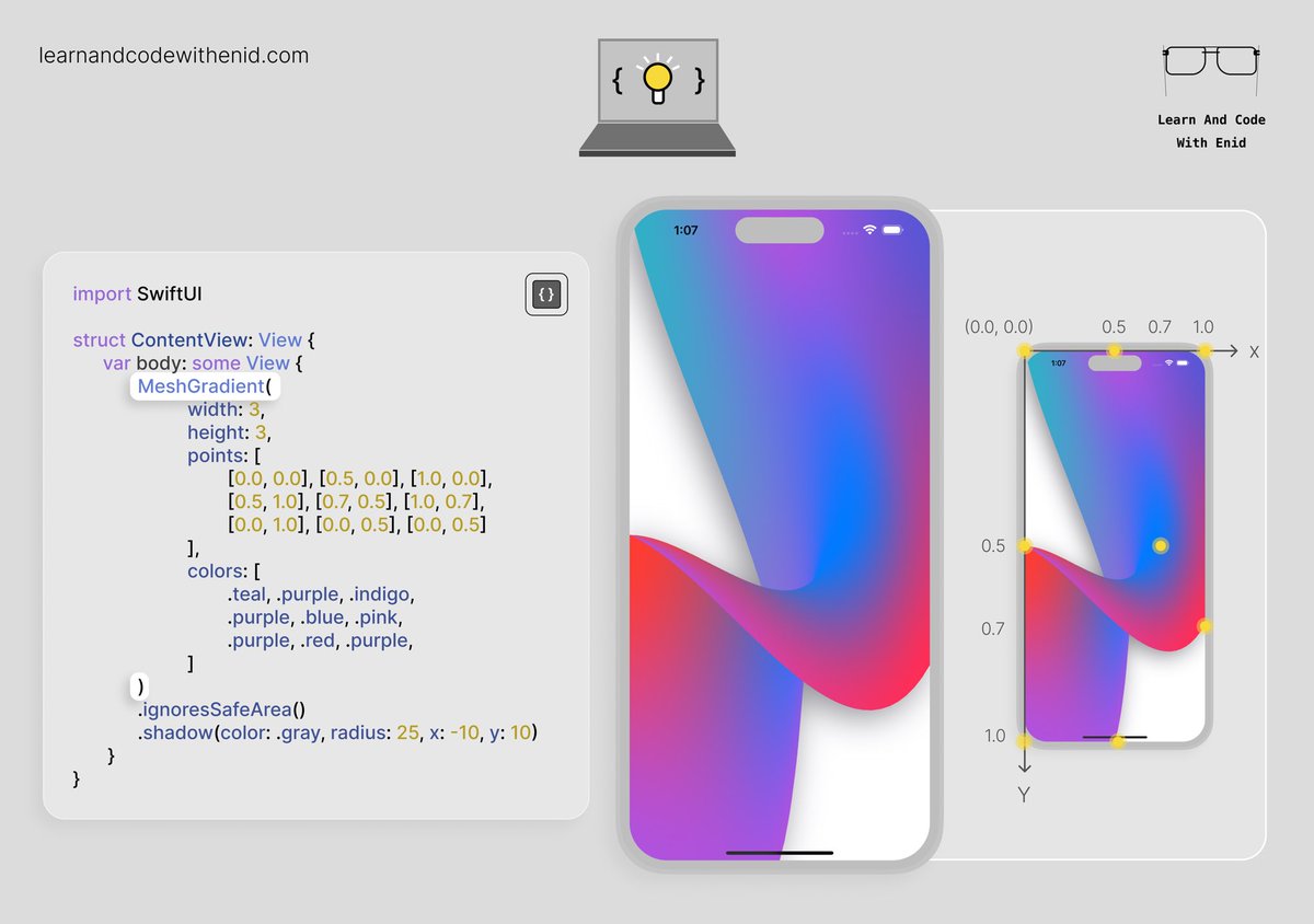 ios_dev_alb's tweet image. Creating a mesh gradient in SwiftUI with MeshGradient 💡
iOS 18.0+
→ learnandcodewithenid.com