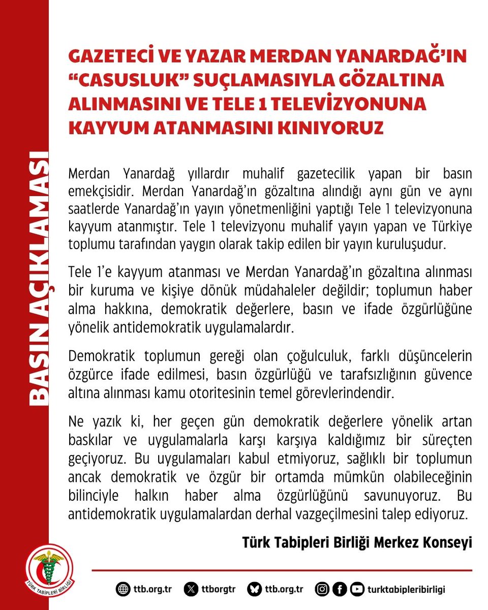 Gazeteci ve Yazar Merdan Yanardağ’ın “Casusluk” Suçlamasıyla Gözaltına Alınmasını ve Tele 1 Televizyonuna Kayyum Atanmasını Kınıyoruz

Merdan Yanardağ yıllardır muhalif gazetecilik yapan bir basın emekçisidir. Merdan Yanardağ’ın gözaltına alındığı aynı gün ve aynı saatlerde