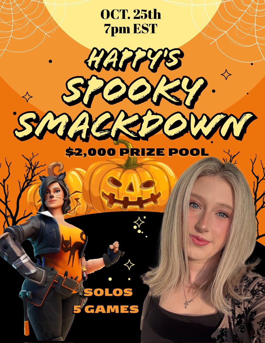 Spooky Smackdown is Tonight! 7pm est 🏆🎃

Game 1 - Fortnitemares Weapons ONLY. Woodstake, ChainSaw, Pumpkin Launcher, Scream Knife. Doja Chain. All heals and movement allowed. No other weapons that are not Fortnitemares weapons. Vehicles Allowed. 

Game 2 - No Fighting until