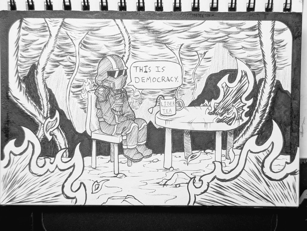 LogicalCogs's tweet image. Inktober day 25: inferno
Hellmire is fine
#Inktober #Inktober2025 #Helldivers2
