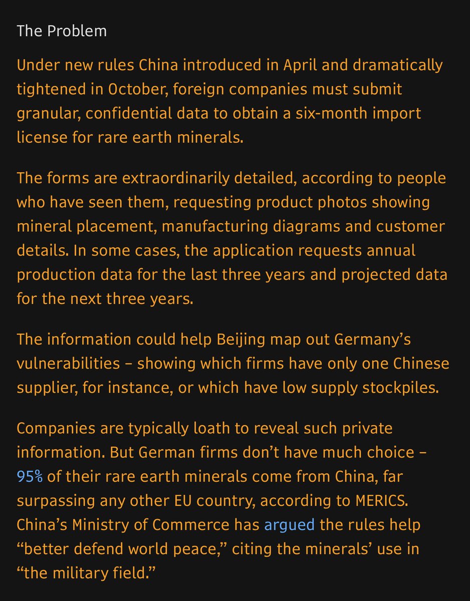 In October, China started an open economic war on the West. 

How so? Industrial-scale blackmailing.

Example: German firms must hand over sensitive data to keep importing rare earths. Alternative? Production standstill. 

RIP globalisation