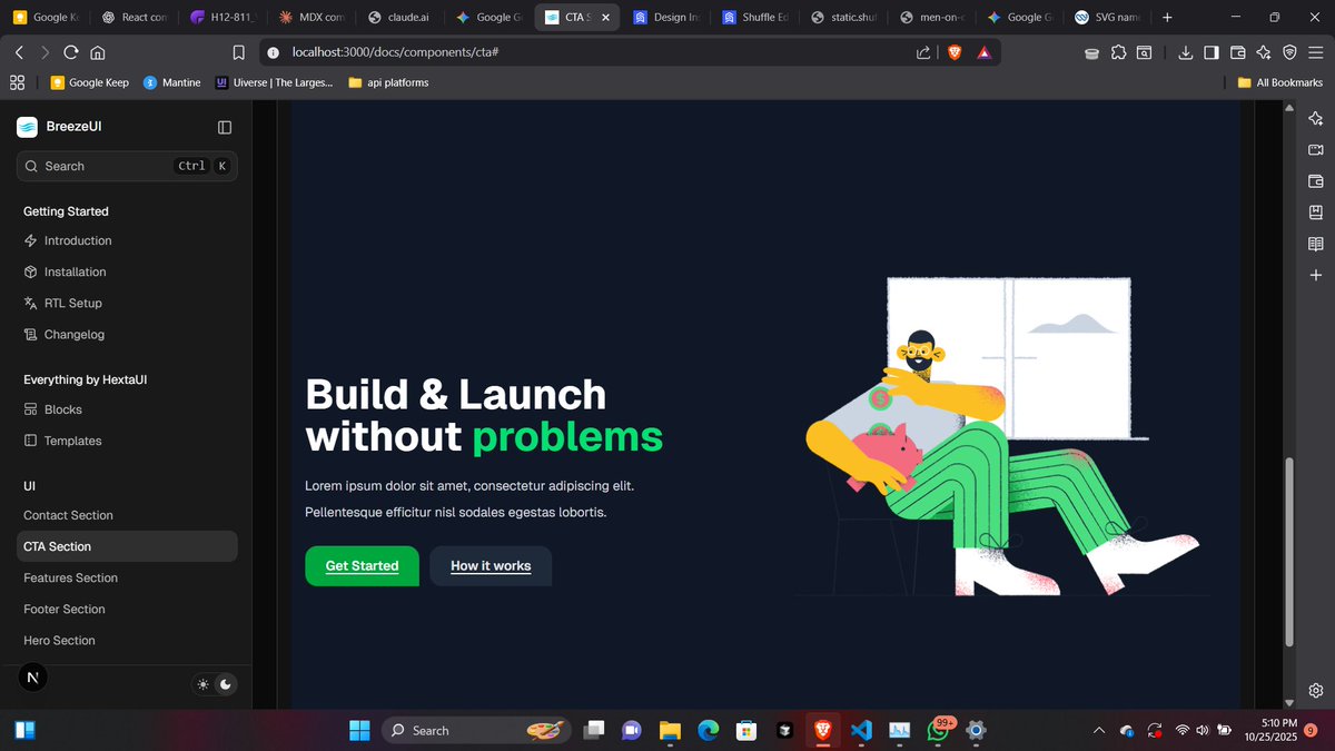 Ken_editts's tweet image. 🧵 Day 3 of building Breeze UI: Progress update!
1/ Today I focused on making the homepage more solid and visually appealing. Added some beautiful sections that really make the layout pop. 🌟
#BreezeUI #WebDev #OpenSource #Frontend