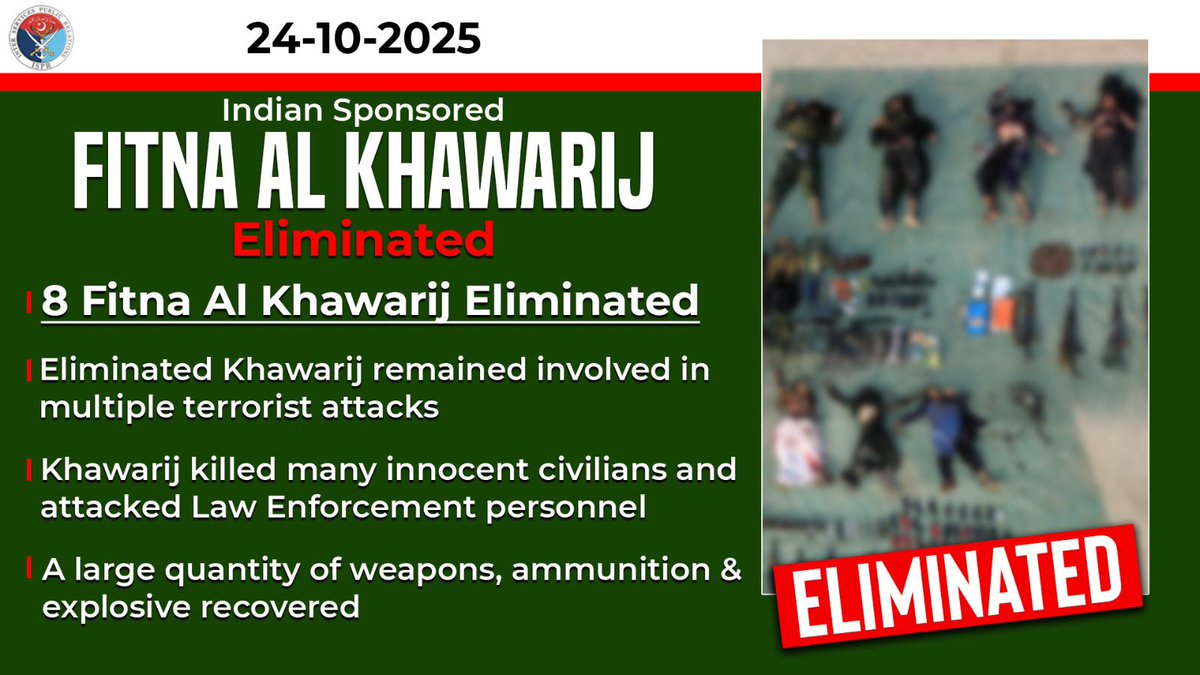 OfficialDGISPR's tweet image. On 24 October 2025, on reported presence of Khwarij belonging to Indian Proxy, Fitna al Khwarij, Security Forces conducted an intelligence based operation in Tank District.

During the conduct of operation, own troops effectively engaged khwarij locations, and after an intense…