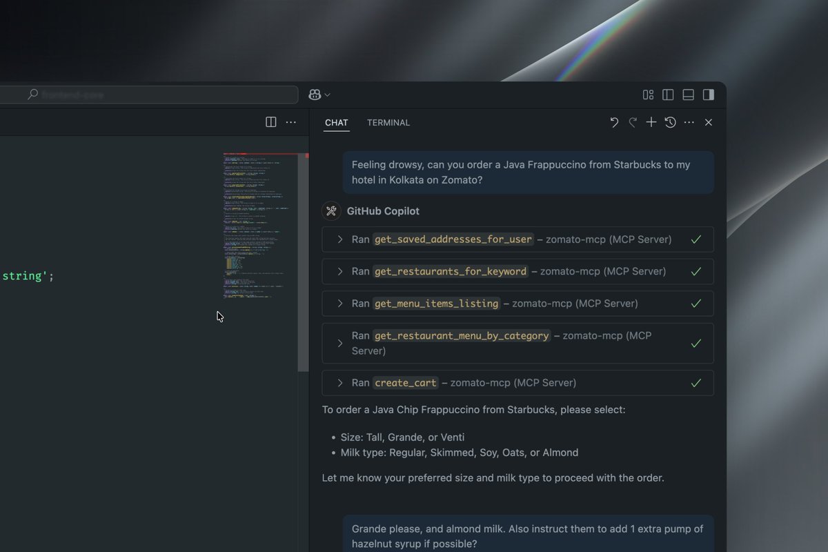 I can order food straight from my IDE now. 2025 is wild 👀✨
