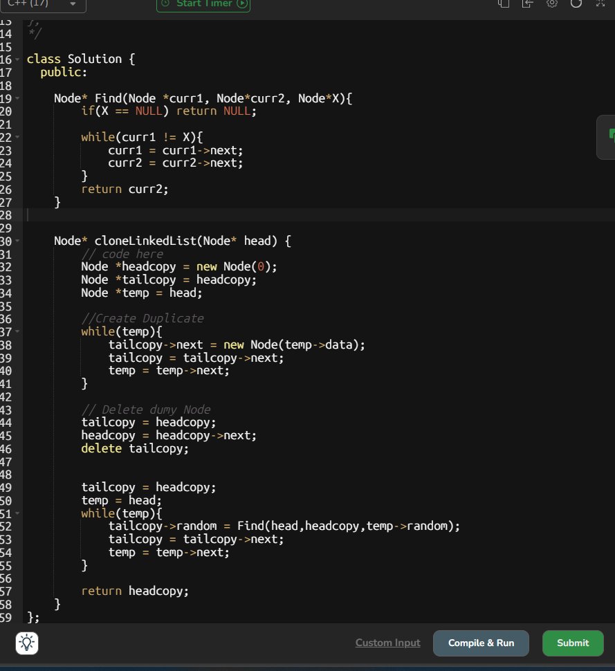 CHAYAN78905's tweet image. 🚀 #Day77 / #180DaysOfCode 🎯
DSA Journey in C++ 📚 | #CoderArmy

📌 Topics: Linked List: problem solved ⚡
✅ Clone a Linked List with next pointer and random pointer (different approach )
✅ Array Vs Linked list
Thanks to @rohit_negi9 Bhaiya for the amazing explanation!
#DSA