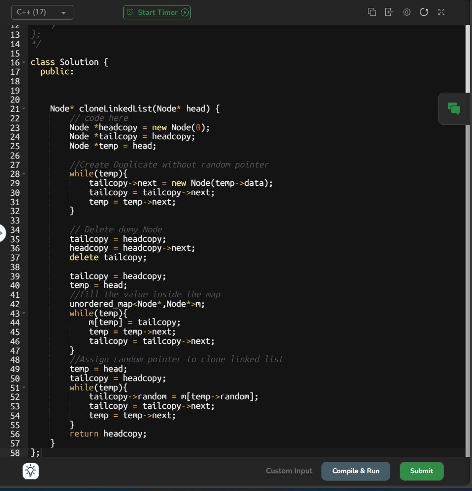 CHAYAN78905's tweet image. 🚀 #Day77 / #180DaysOfCode 🎯
DSA Journey in C++ 📚 | #CoderArmy

📌 Topics: Linked List: problem solved ⚡
✅ Clone a Linked List with next pointer and random pointer (different approach )
✅ Array Vs Linked list
Thanks to @rohit_negi9 Bhaiya for the amazing explanation!
#DSA