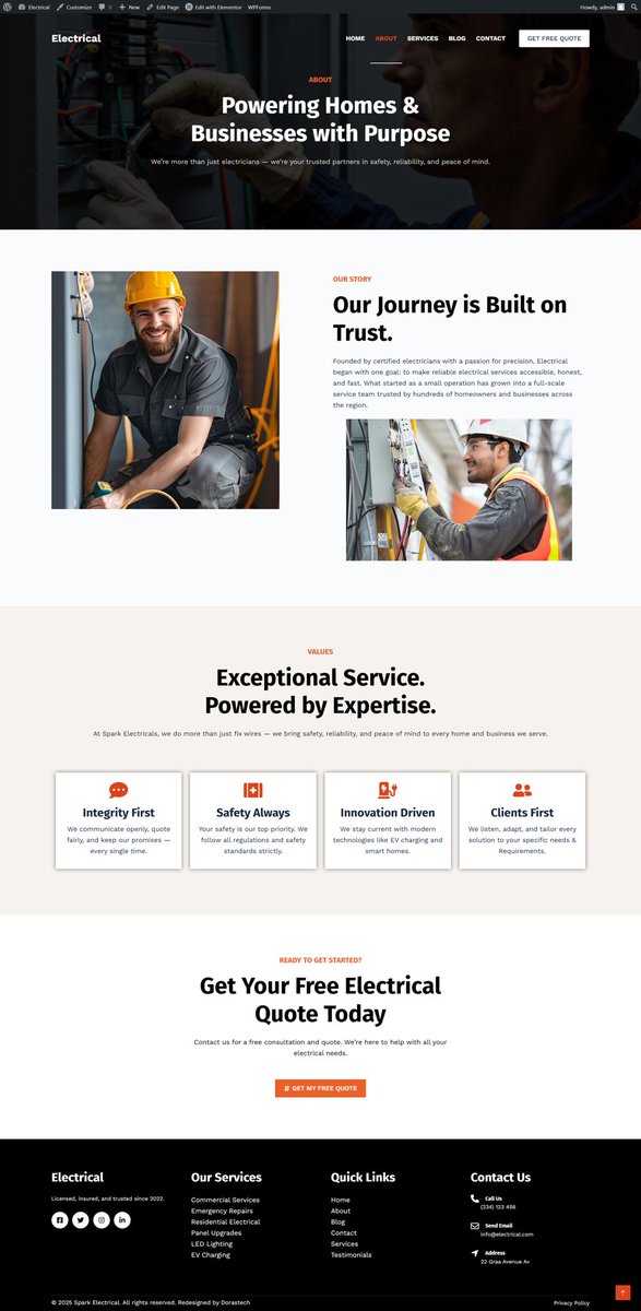 Dorastech's tweet image. 🚧 Just wrapped up a professional business website for an Electrical Company ⚡
Built with WordPress + Elementor, showcasing their services, projects, and 24/7 emergency support in a clean, modern layout.
Proud of how this one turned out! 💡
Need a website? Send a DM. 💻