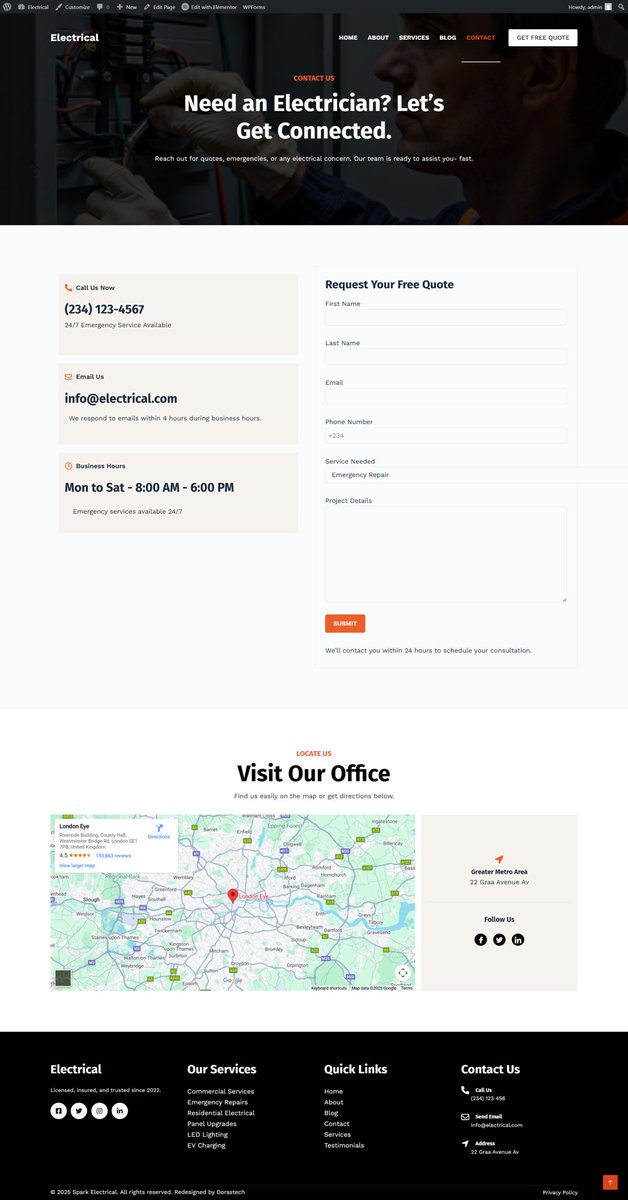 Dorastech's tweet image. 🚧 Just wrapped up a professional business website for an Electrical Company ⚡
Built with WordPress + Elementor, showcasing their services, projects, and 24/7 emergency support in a clean, modern layout.
Proud of how this one turned out! 💡
Need a website? Send a DM. 💻