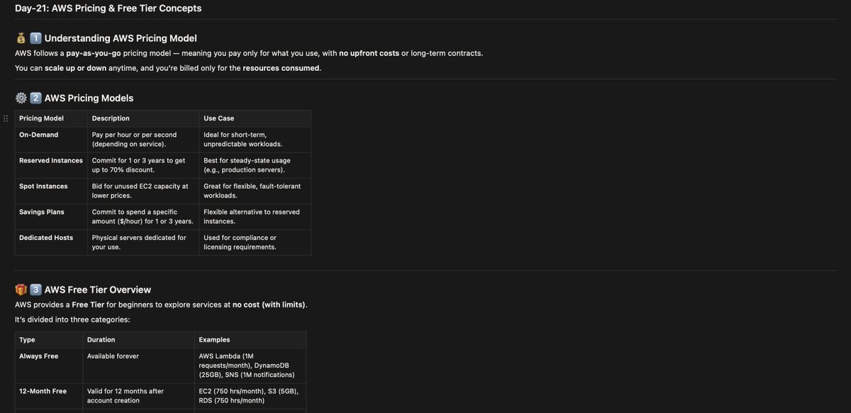 cloudinsteps's tweet image. Day-21[AWS Pricing &amp;amp; Free Tier ]
#AWS #linuxcommands #devopsroadmap 
RoadMap:in.docs.wps.com/module/common/…
Summary:
AWS has Free-Tier &amp;amp; pay-as-you-go.
Can Choose On-Demand, Reserved, Spot, Savings Plans.
Always monitor usage with Cost Explorer &amp;amp; Budgets.
Notion: notion.so/Day-21-AWS-Pri…