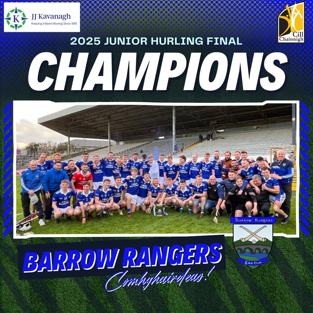 KilkennyCLG's tweet photo. ๐ It took extra time but @Barrowrangers are the @JJKavanaghBuses Junior Hurling County Champions for 2025! ๐
They join the Intermediate ranks in 2026!
Comhghairdeas ๐๐๐
#KilkennyGAA #JuniorFinal #BarrowRangersGAA #CountyChampions https://t.co/B7ZvzWkQSA